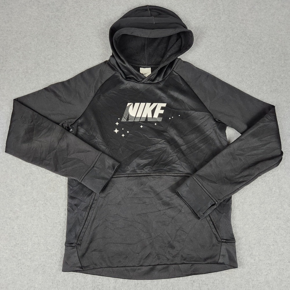 Nike Hoodie Kids L Black Therma-FIT Star Spell Out Logo Fleece Lined Pullover